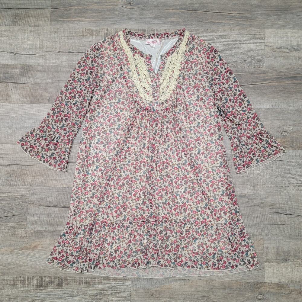Lady Noiz Y2K Ditzy Floral Cottage Dress Crochet Collar Mesh Knit Bell Sleeve